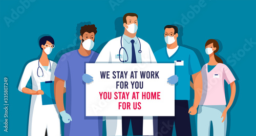 CoVID-19 Spread of the virus.  Flat vector illustration. Thanks to doctors, medical teams, heroes in the fight against coronavirus, concept. Stay at home.