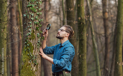 Tableau sur toile Half-body pic of focused botanist taking close look at ivy on tree standing in b