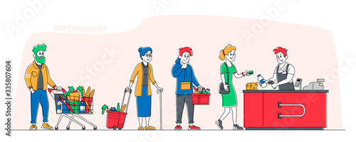 Shopping Queue in Supermarket. Customer Characters with Goods in Trolley, Basket and Cart Stand at Cashier Desk Paying for Purchases Credit Cards. Sale, Consumerism. Linear People Vector Illustration