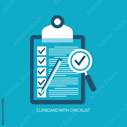 checklist clipboard with magnifying glass flat design