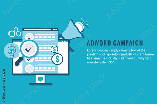  Adword campaign, Search marketing, PPC advertising banner with icons and texts