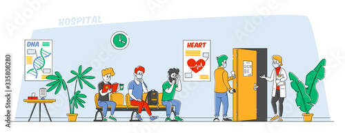 Patients Men and Women Characters Wear Facial Masks Sitting in Clinic or Hospital Hall Waiting Doctor Appointment for Health Care Treatment. Covid 19 Virus Pandemic. Linear People Vector Illustration