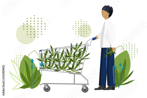 Young man shopping cannabis leaves in a trolley cart