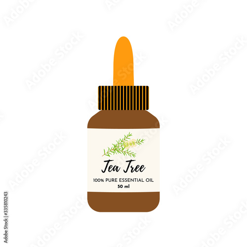 Tea tree Malaleuca essential oil in the amber glass bottle. Vector illustration isolated