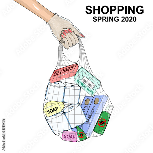 Woman's hand in a disposable glove with holds a bag with purchases: toilet paper, disinfectant, paste, medical mask, gloves.  Vector EPS 10