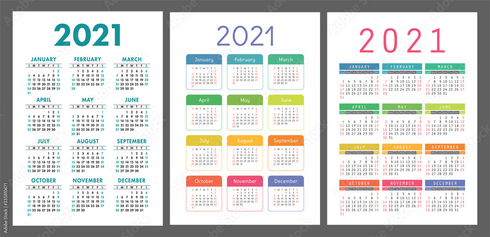 Calendar 2021 year set. Vector pocket or wall template collection. Design. Week starts on Sunday. January, February, March, April, May, June, July, August, September, October, November, December Calendar 2021 year set. Vector pocket or wall template collection. Design. Week starts on Sunday. January, February, March, April, May, June, July, August, September, October, November, December