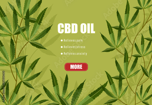 CBD oil list of benefits on green background. Relieves pain, stress and anxiety