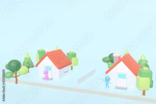 The idea is to stay at home to prevent the spread of disease or neighbors. social disstancing. copy space, 3d rendering