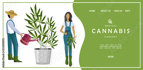 Medical cannabis concept site template with couple of farmers growing marijuana leaves in a pot