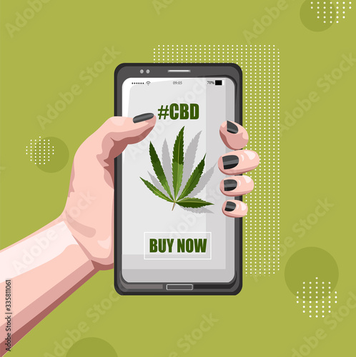 Buy marijuana online with smart phone app. Woman hands holding