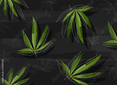 Marijuana leaves in line art style on black structured background