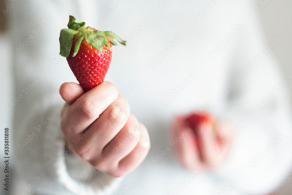Obraz premium Woman hands holding sweet red strawberry