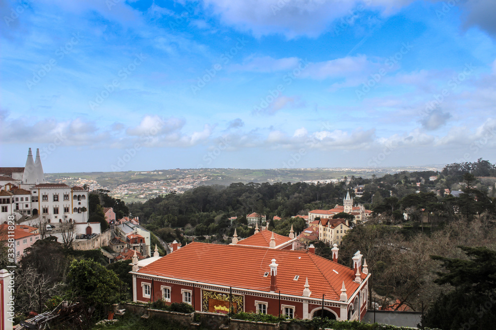Natural landscape with trees, fog and palaces in Sintra, Portugal