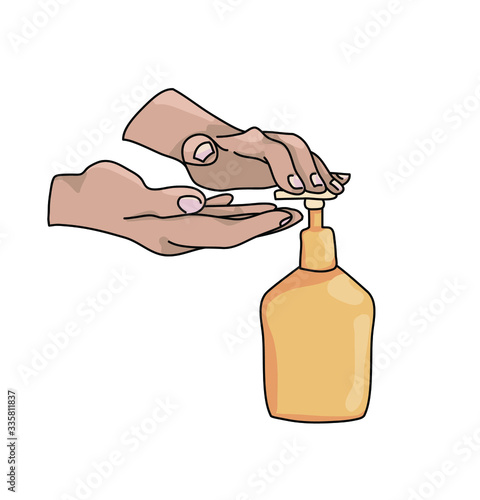 wash your hands thoroughly. hand drawing. liquid soap