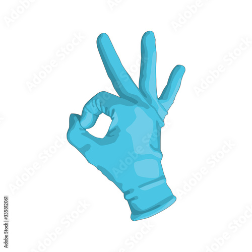right hand in a blue glove. gesture ok.  isolated on white background