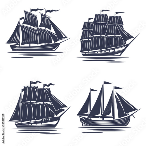 Set of monochrome 4 ships, old ship silhouettes