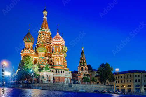 Moscow. Russia. Krassnaya square. St. Basil's Cathedral. Red Square at night. Near the Kremlin. Excursions to St. Basil's Cathedral. Domes. Vacation in Russia. Russia region. Russian temples.