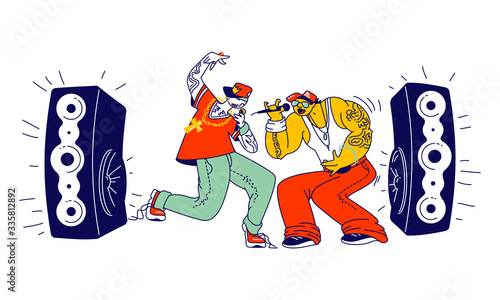 Male Characters Singing Rap Music on Stage with Microphones and Dynamics. Hip-Hop Festival Performance or Audio Track Recording on Studio. Young Artists Rappers. Linear People Vector Illustration
