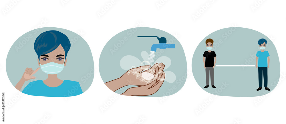 Coronavirus self-protection signs, wear protective mask, wash your hands, social distancing. Coronavirus self-protection signs, wear protective mask, wash your hands, social distancing.