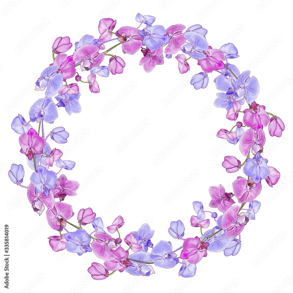 Floral round frame of exotic pink and purple flowers orchid. Isolated on a white background. Place for text. Hand drawn. Wreath for your design, greeting cards, invitation. Vector stock illustration.