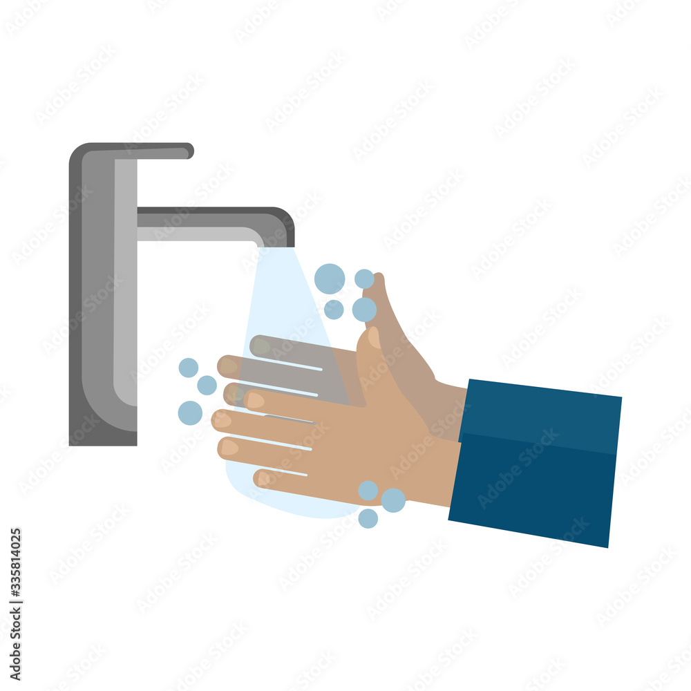 Wash hands with foam under tap water. Wash hands with foam under tap water.