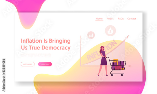 Inflation, Recession and Depreciation Landing Page Template. Customer Character with Trolley Looking at Rising Price Arrow Chart. Financial Crisis, Corporate Sale Drop. Cartoon Vector Illustration