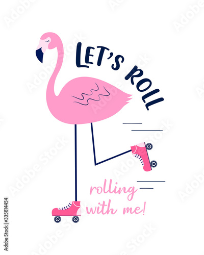 Hand drawing print design. İce skater flamingo and slogan vector illustration.