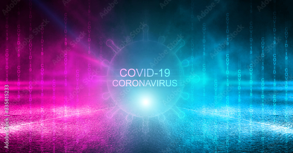 Abstract coronavirus background. Neon pathogen on a dark background. Covid-19.
