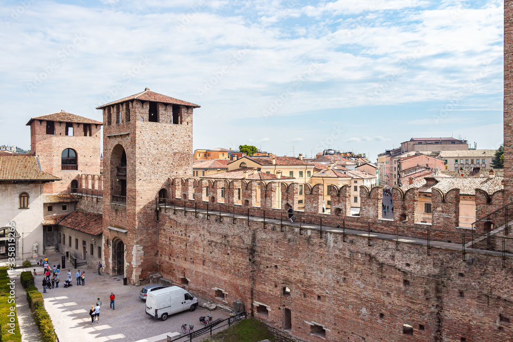 View from the fortress wall to the inner courtyard, the corner tower and the tower above the entrance to Castelvecchio Castle in Verona, Italy.
