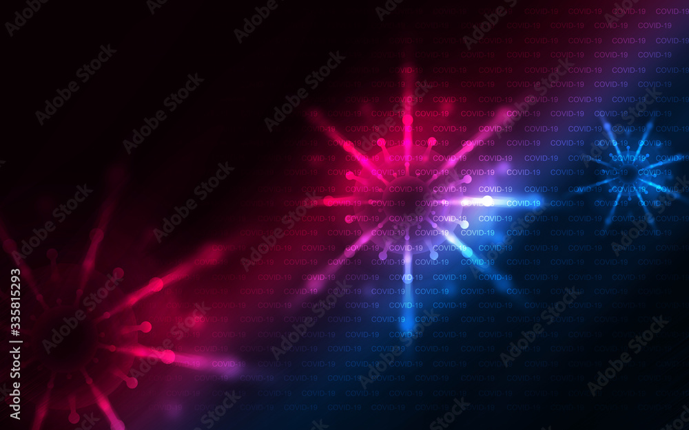 Dark red abstract coronavirus background. Neon pathogen on a brick wall. Covid-19. Stop coronavirus. Dark red abstract coronavirus background. Neon pathogen on a brick wall. Covid-19. Stop coronavirus.