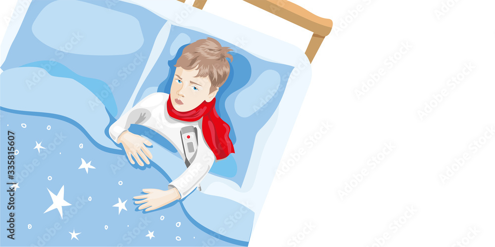 The child is ill. The boy is lying in bed with a thermometer