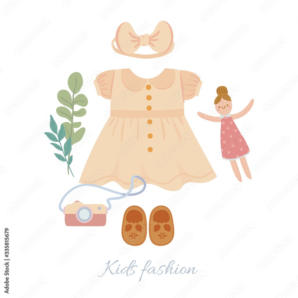 Kids fashion. Girl dress with shoes, doll and decor. Element of wardrobe  decorations. Baby clothes. Cartoon vector illustration Stock Vector | Adobe  Stock