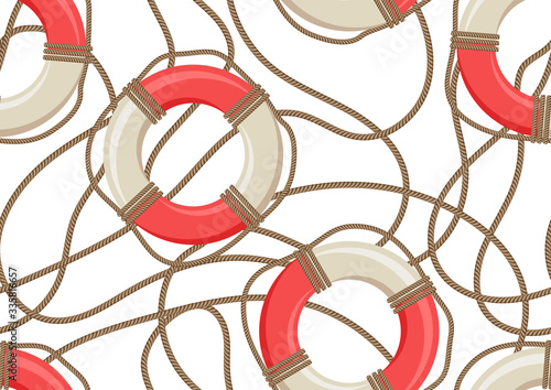 Nautical seamless pattern with ship life buoys and ropes.