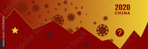 Stock prices chart with red china flag.Background red yellow warning colors with virus icons.Recession and recovery in the economy.Fighting with covid-19 global epidemic.Currencies and finance concept