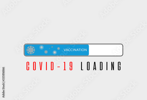 Progress blue loading bar with virus icons and the inscription of vaccination.spread of covid-19 epidemic,fight with corona virus outbreak illustration.development of a vaccine against the virus