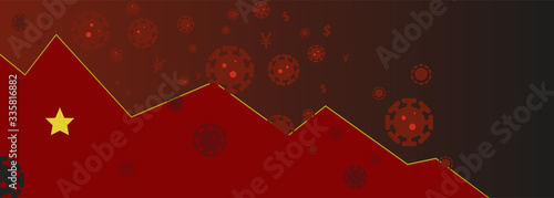 Stock prices chart with red china flag.Background red yellow warning colors with virus icons.Recession and recovery in the economy.Fighting with covid-19 global epidemic.Currencies and finance concept