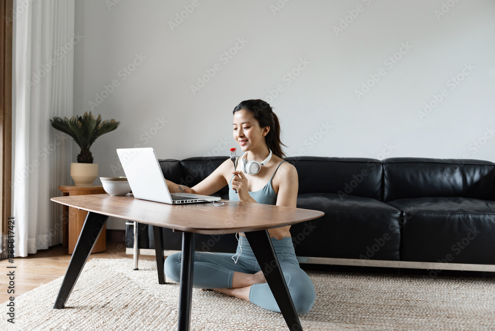 A young Asian woman using a computer in the living room A young Asian woman using a computer in the living room