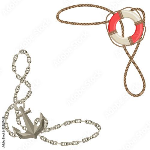 Nautical background with sailing items, ropes and chains.