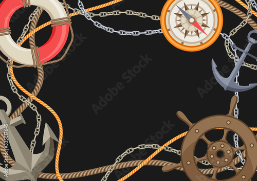 Nautical background with sailing items, ropes and chains.