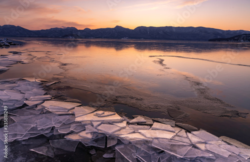 Lakeside of overlapping ice sheets