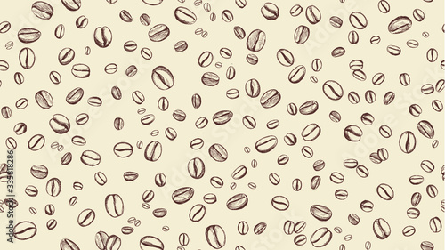 Coffee bean seamless background. Pattern with falling coffee beans. Food doodle sketch backdrop photo