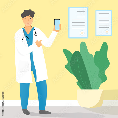 Cartoon vector doctor in uniform with a smartphone in his hand. Online medical consultation. Health insurance