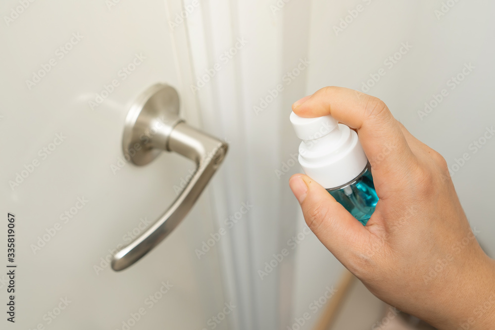 inject alcohol spray on door knob and frequently touched area for