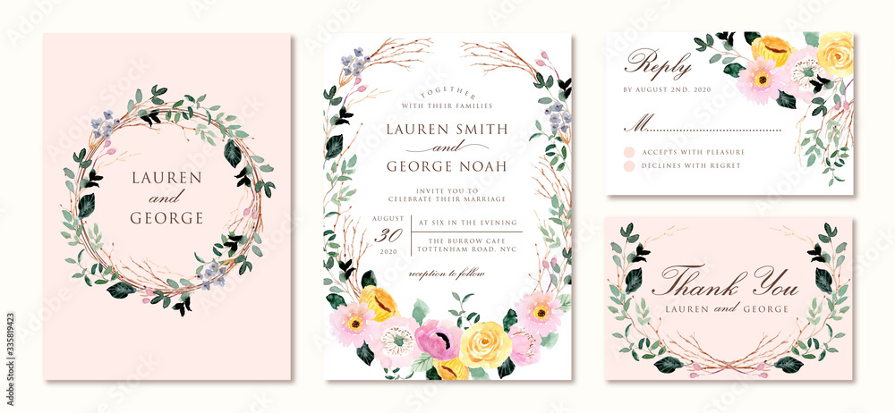 wedding invitation set with yellow pink floral watercolor