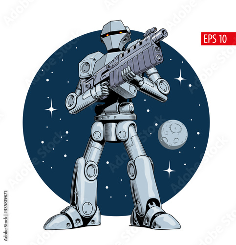 Battle robot holding blaster or machine gun, comic style vector illustration