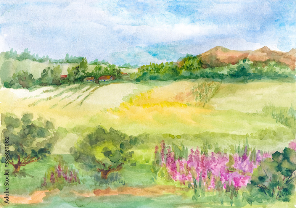 Watercolor painted summer landscape in the foreground, a path leading past low trees and a field with a fireweed. In the background is a field with yellow flowers