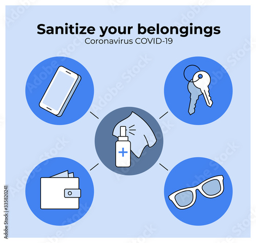 Simple COVID-19 poster says to sanitize your personal belongings such as phone, keys, wallet and sun glasses. 