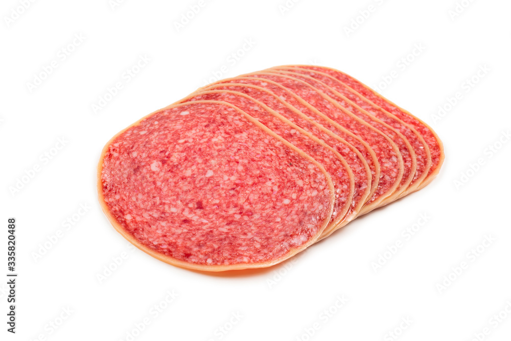 Salami slices isolated on white background. Salami slices isolated on white background.