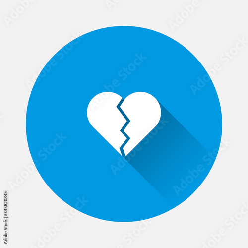 Broken heart vector icon on blue background. Flat image with long shadow.