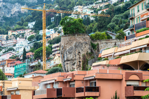 View of the perched fortified medieval village overlooking Roquebrune-Cap-Martin and the Mediterranean Sea on the French Riviera